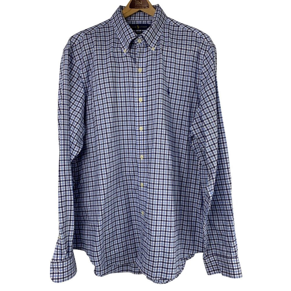Ralph Lauren Mens XL Plaid Dress Shirt Oxford Collar Logo Blue
